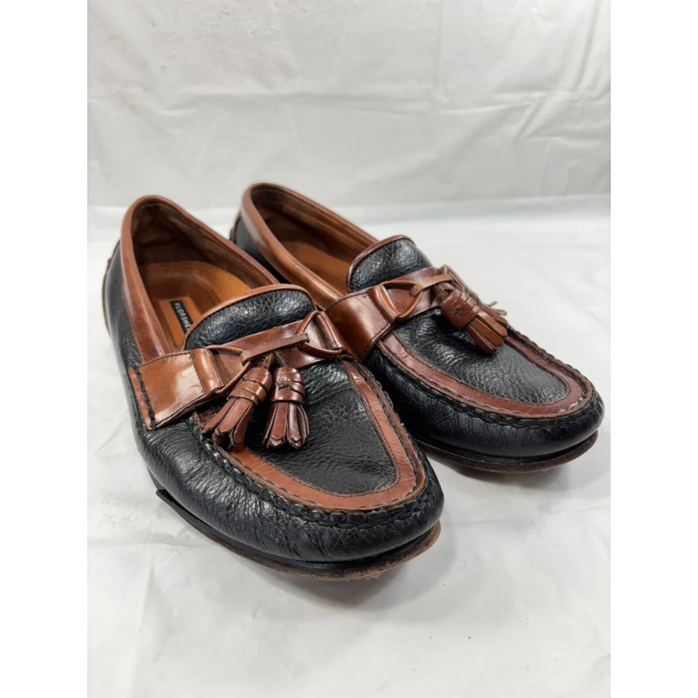 Florsheim Men Loafers Tassel Sz 10 D Leather Black Pebble-Grain Brown Trim Shoes